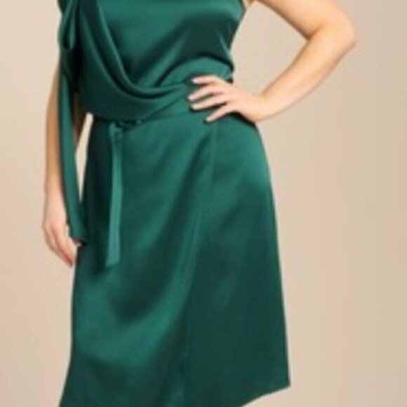 Sally Lapointe Dress 18 Green Cowl Neck Drape Luxury Old Money Belted Satin - Picture 4 of 16